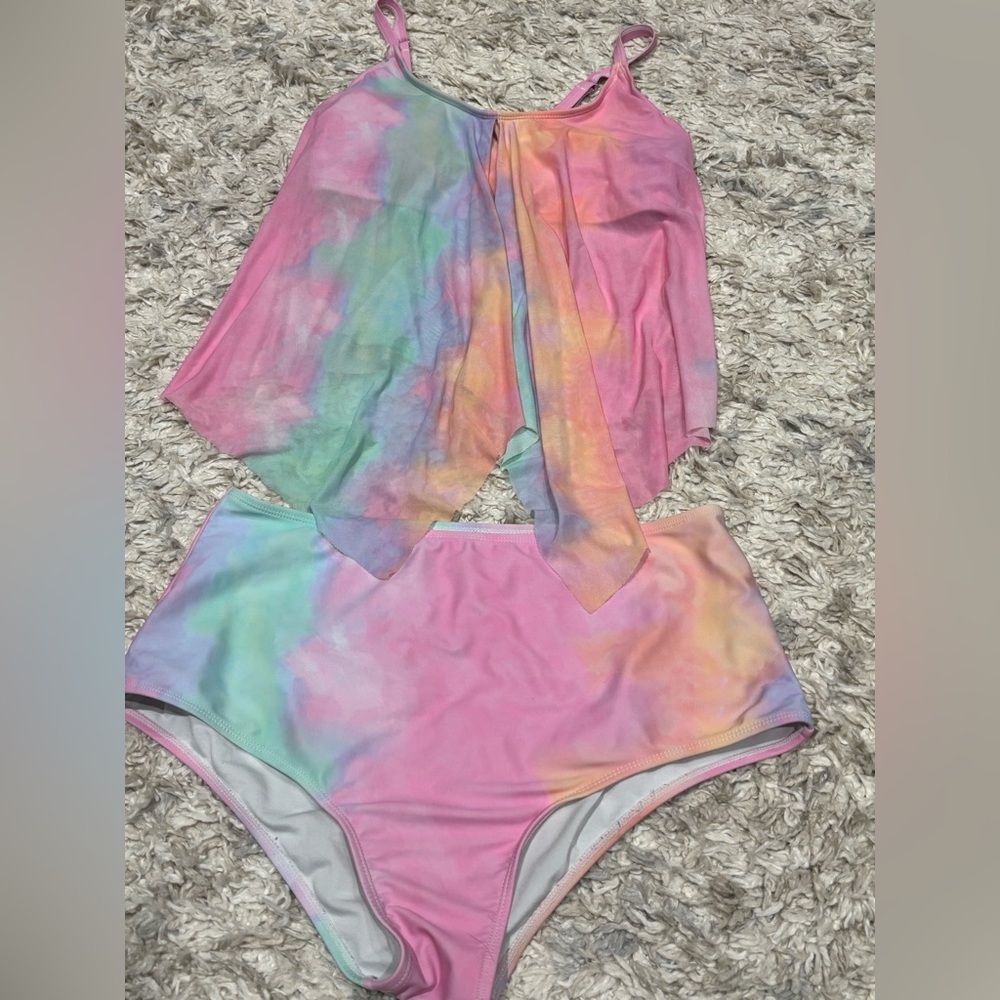 SHEIN Tie-Dye swimsuit XL two Piece bikini sheer overlay